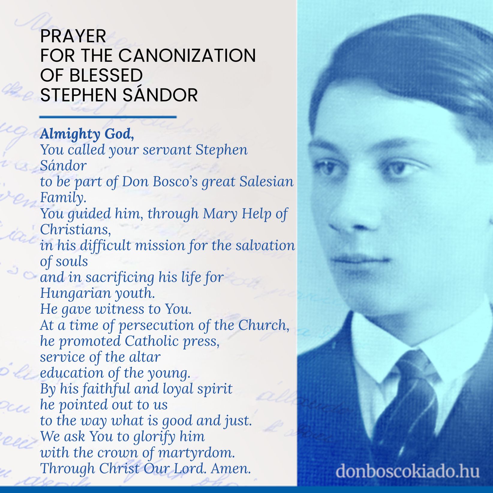 Prayer for the canonization of Blessed Stephen Sándor