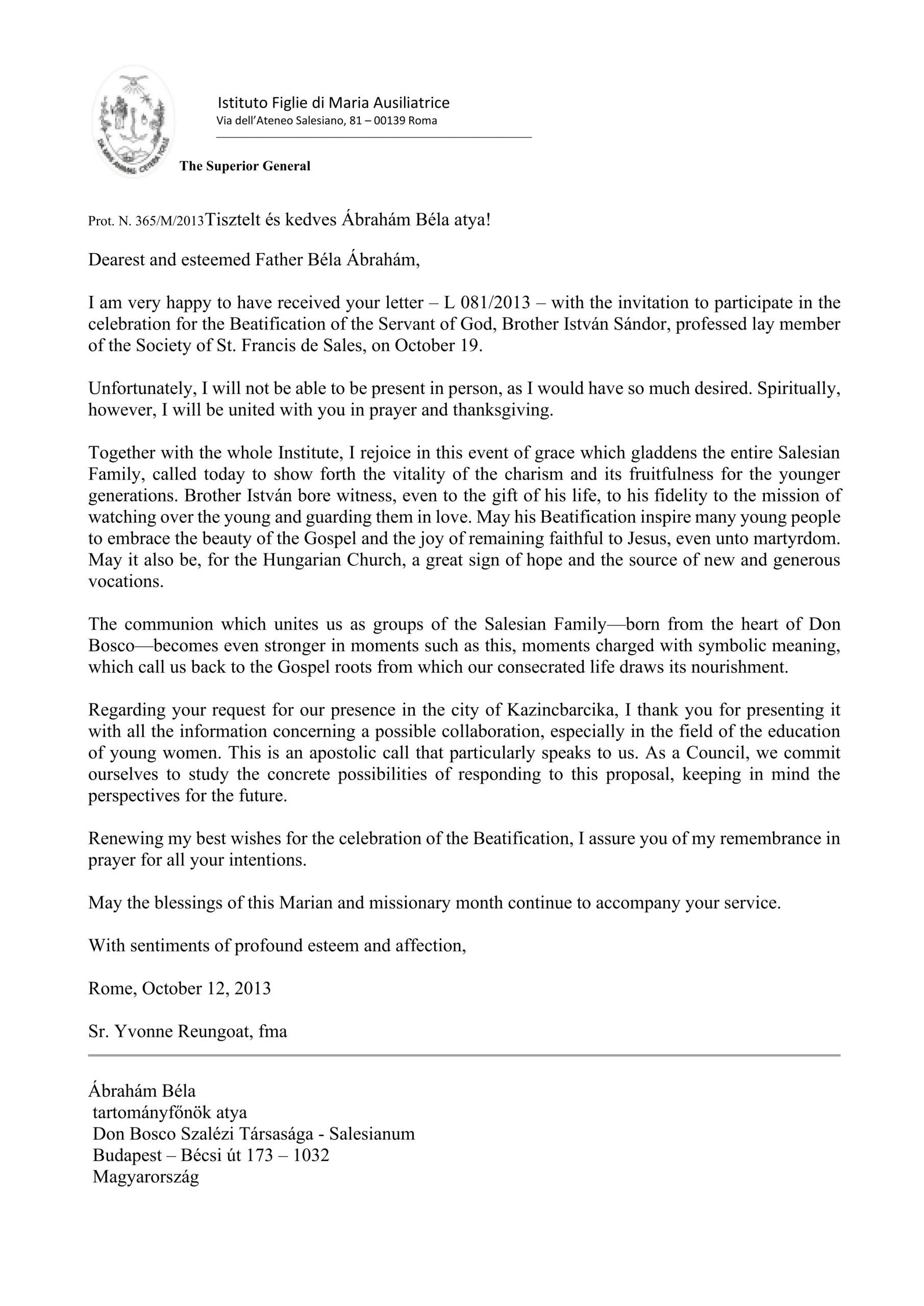Letter from the FMA Superior General